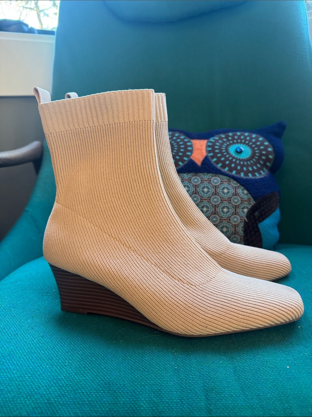 Ribbed Knit Wedge Ankle Booties - Cream